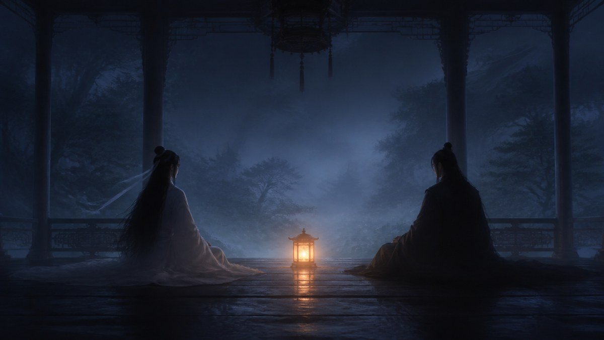 Two distant cultivators share the light of one lantern in a quiet blue pavilion surrounded by mist.