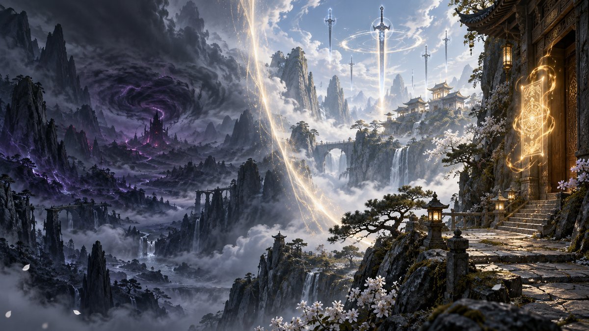 A luminous barrier divides controlled sword light and a dark storm across a vast xianxia mountain landscape.