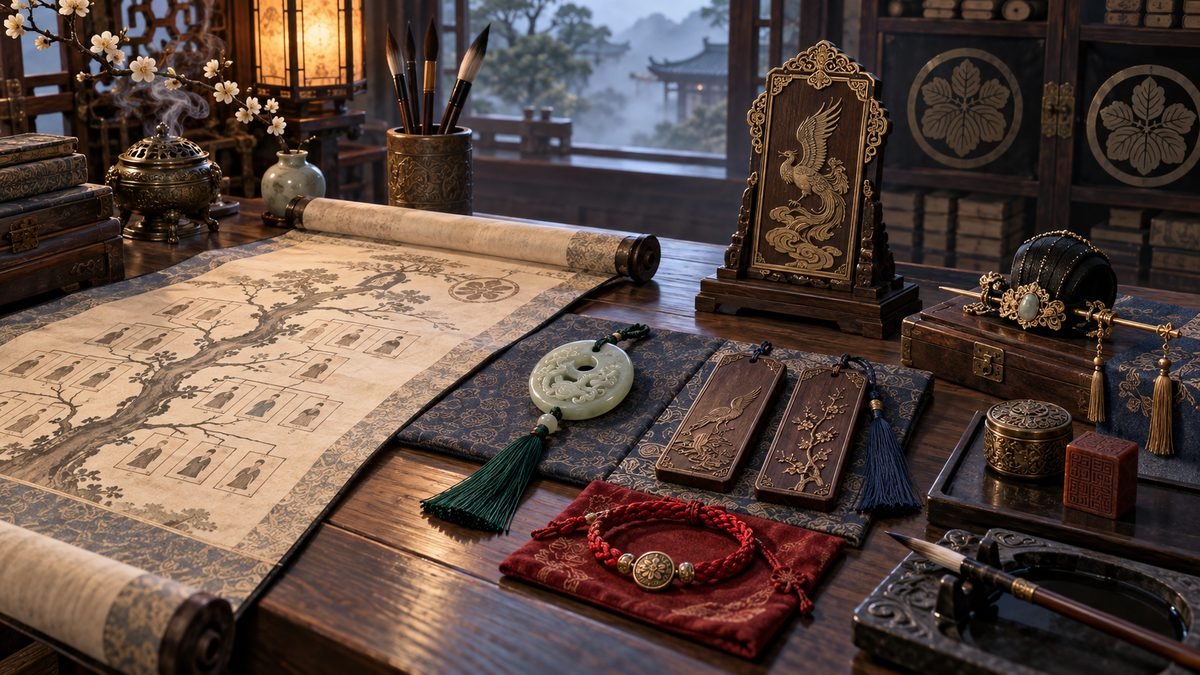 An ancient scholar's desk displays blank genealogy scrolls, seals, name tokens, writing brushes, and clan-colored cords to illustrate birth names, courtesy names, titles, and family identity.