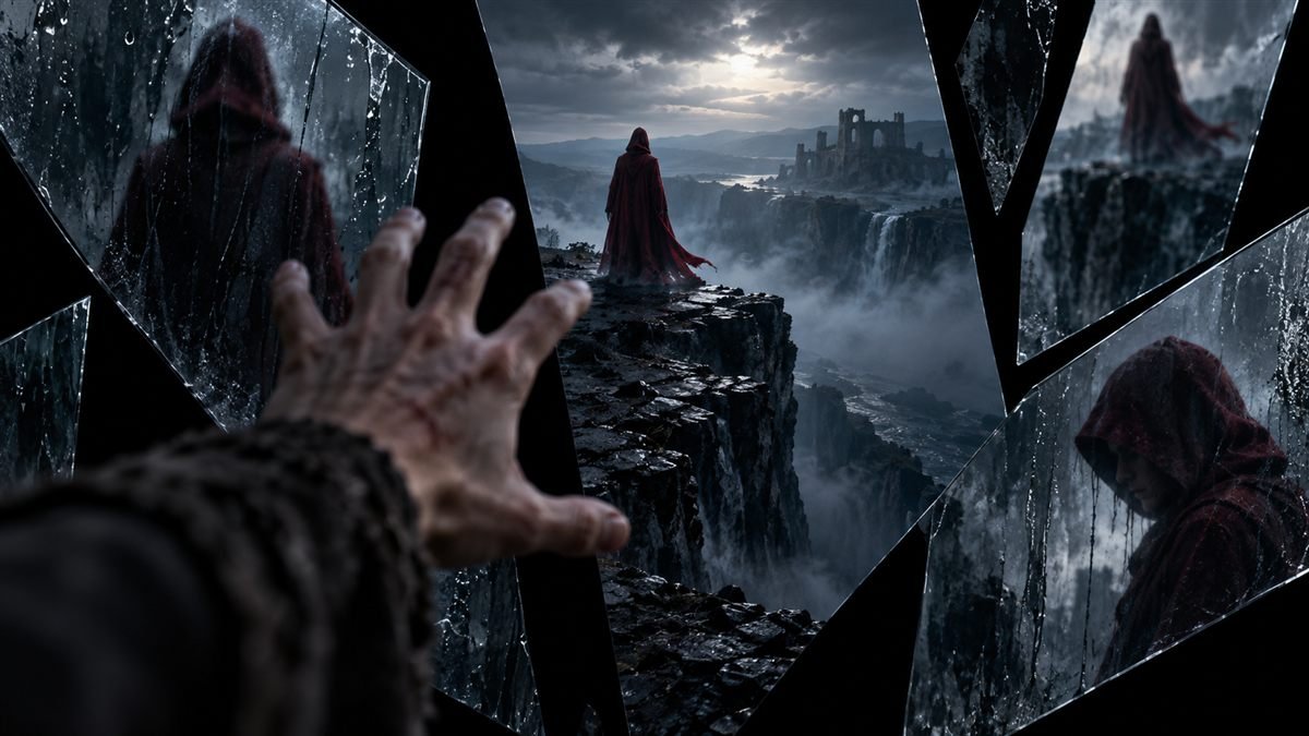 A reaching hand and fractured reflections frame a lone robed figure standing at a misty cliff.
