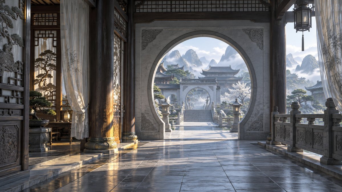 02-set-design-visual-storytelling An empty mountain academy corridor frames successive moon gates, stone stairs, bridges, screens, and misty courtyards, illustrating how thresholds and pathways create visual hierarchy.