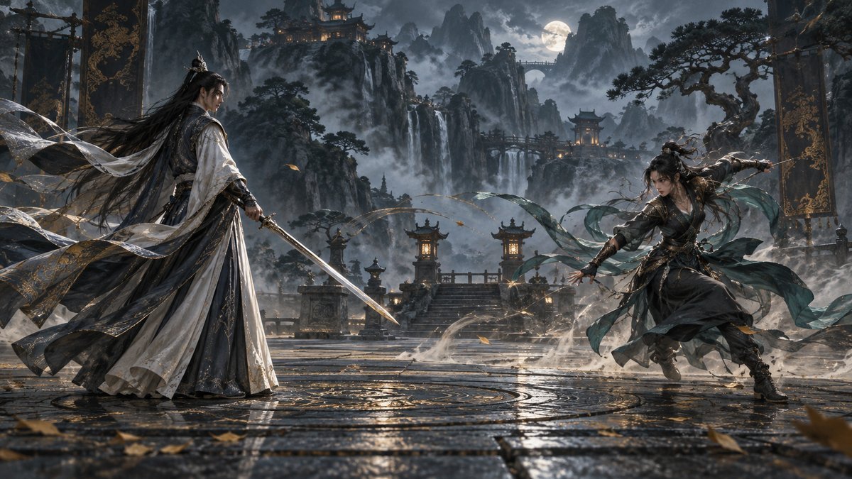 Two fictional cultivators face each other across a moonlit stone courtyard, their contrasting stances showing precision and improvisation.
