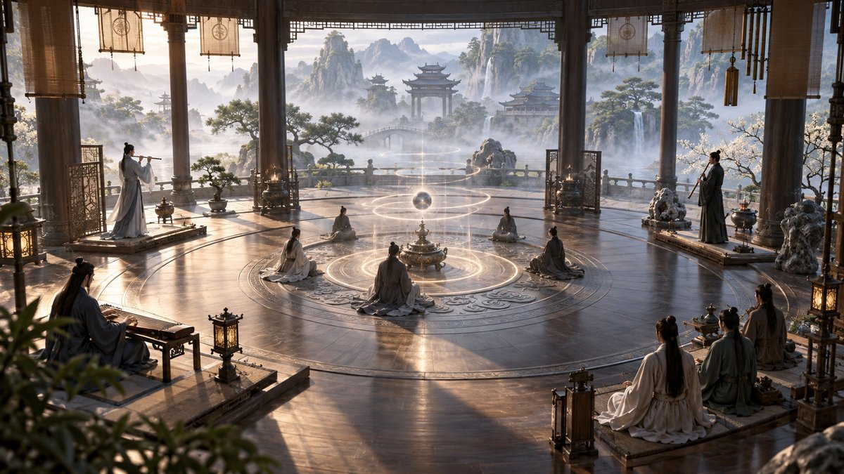 02-why-music-has-spiritual-power Adult cultivators practice transverse flute, guqin, vertical xiao, ensemble listening, and spirit inquiry around a glowing circular ritual in an open mountain training hall.