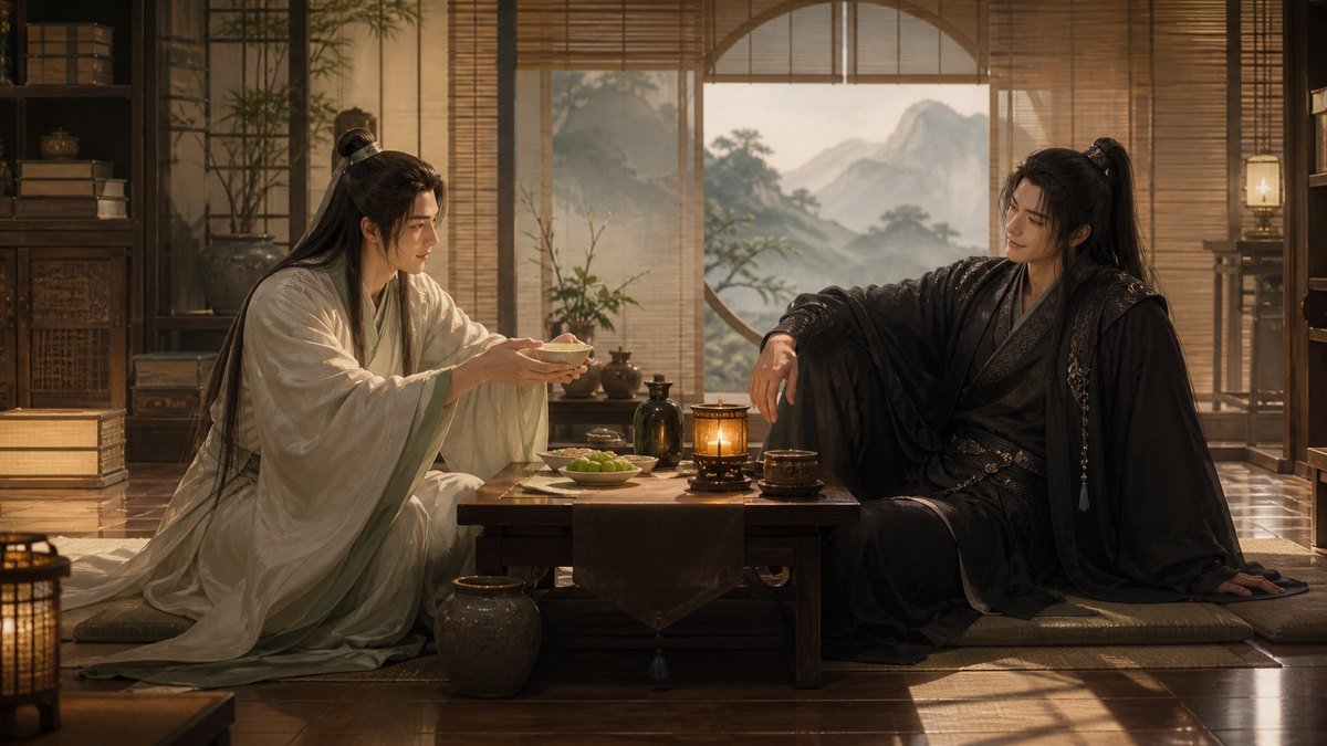 Two cultivators share a quiet evening in a warm traditional study prepared as a safe and welcoming home.