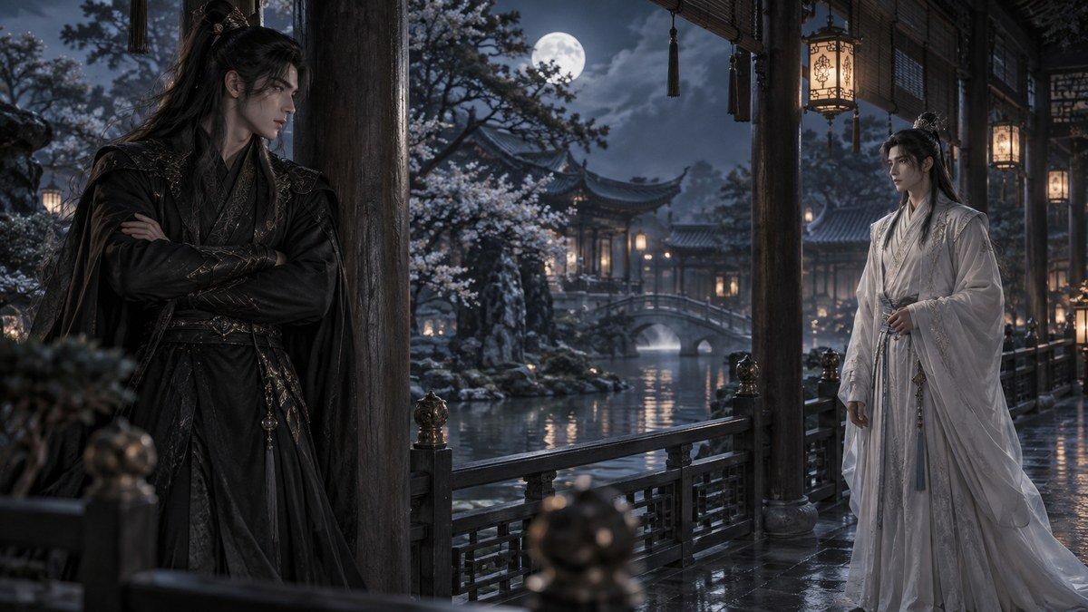 Two male cultivators meet each other's gaze across pillars and open space in a moonlit waterside corridor.
