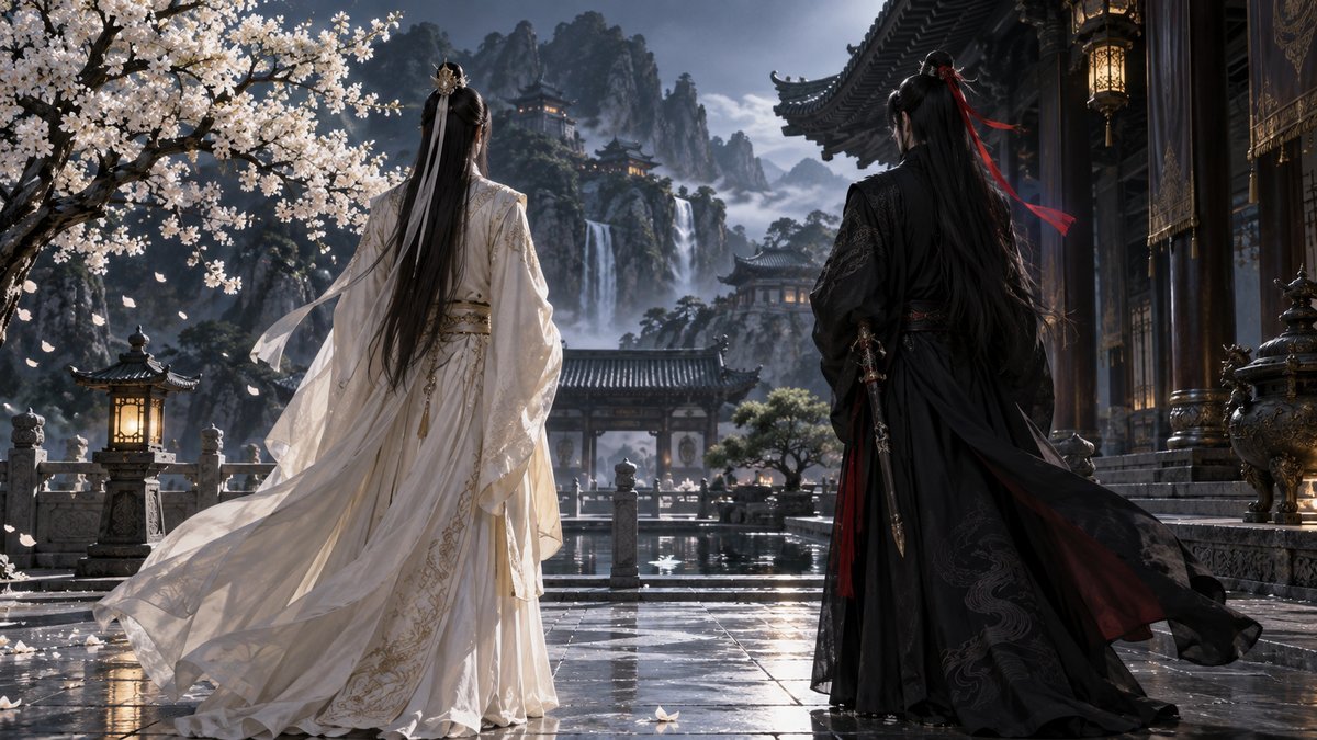 Lan Wangji in ivory and Wei Wuxian in black stand together, showing contrast without a moral verdict.