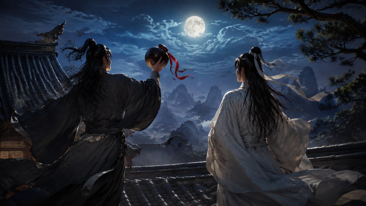 Wei Wuxian and Lan Wangji meet on a moonlit rooftop, capturing the playful energy of their youth.