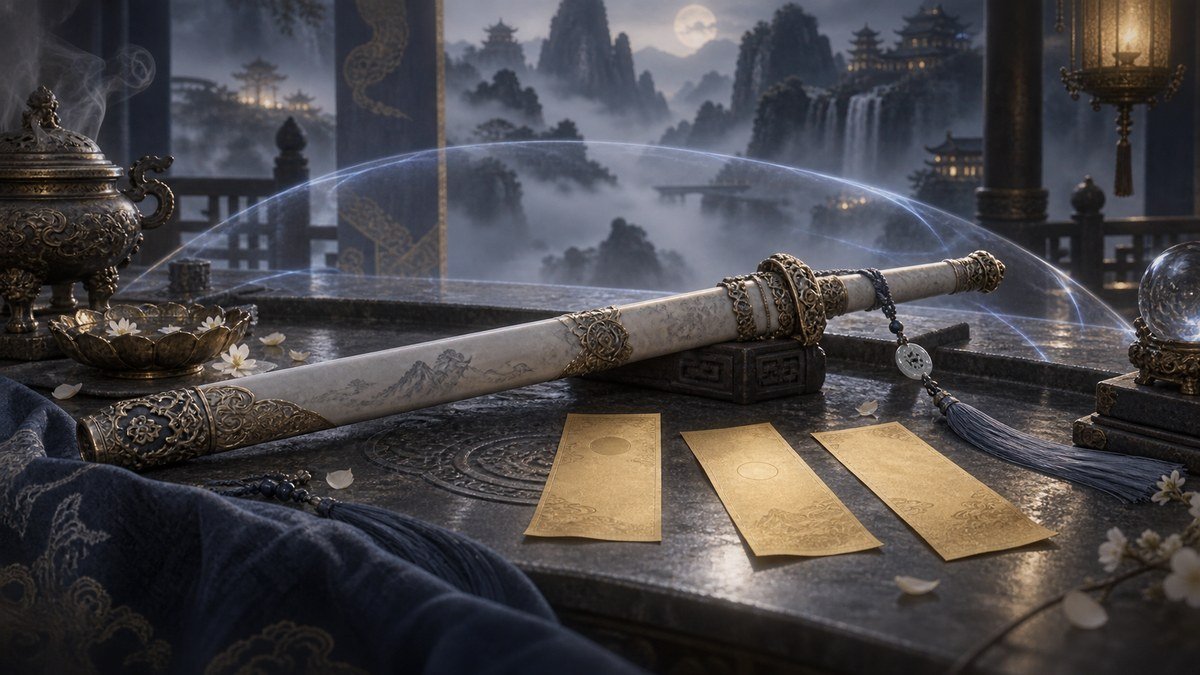 A pale sheathed sword and three blank talismans rest beneath a transparent blue protective barrier.