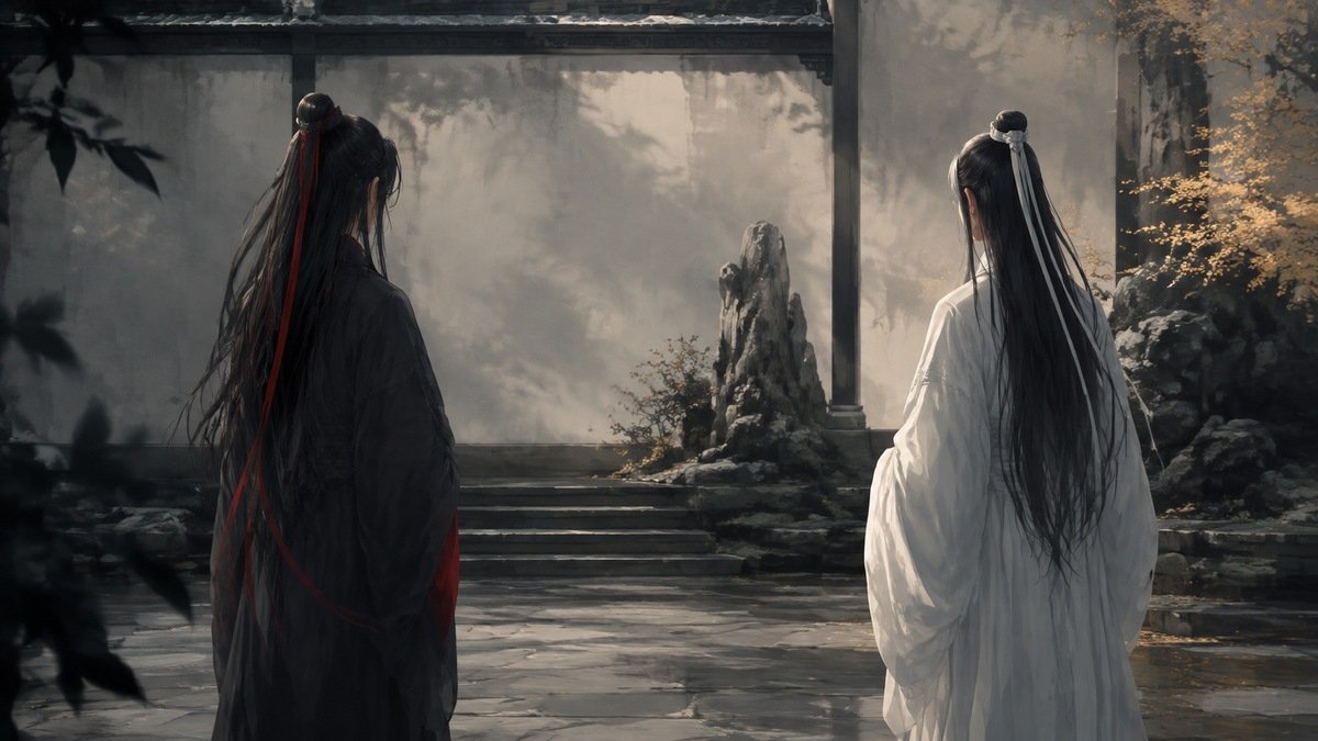 Wei Wuxian and Lan Wangji face a quiet courtyard with a visible gap between their dark and pale silhouettes.