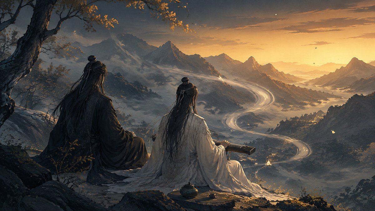 Wei Wuxian and Lan Wangji overlook a golden mountain path as a shared melody seems to return.