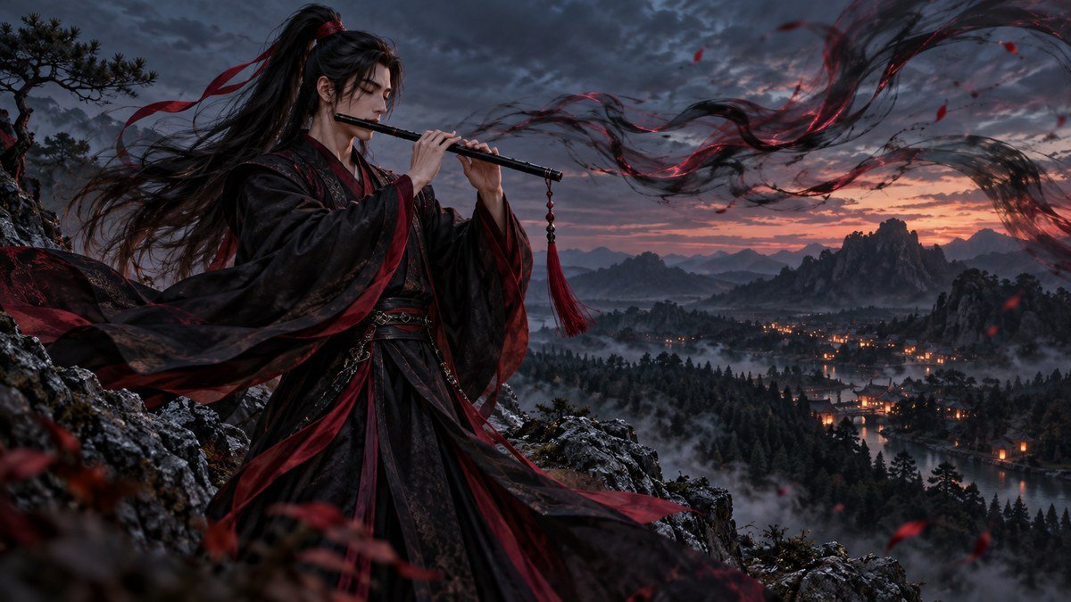 03-chenqing-flute Wei Wuxian plays the black bamboo flute Chenqing on a twilight ridge, with his red hair ribbon and the flute’s red tassel visible as controlled red-black spiritual energy moves across the sky.