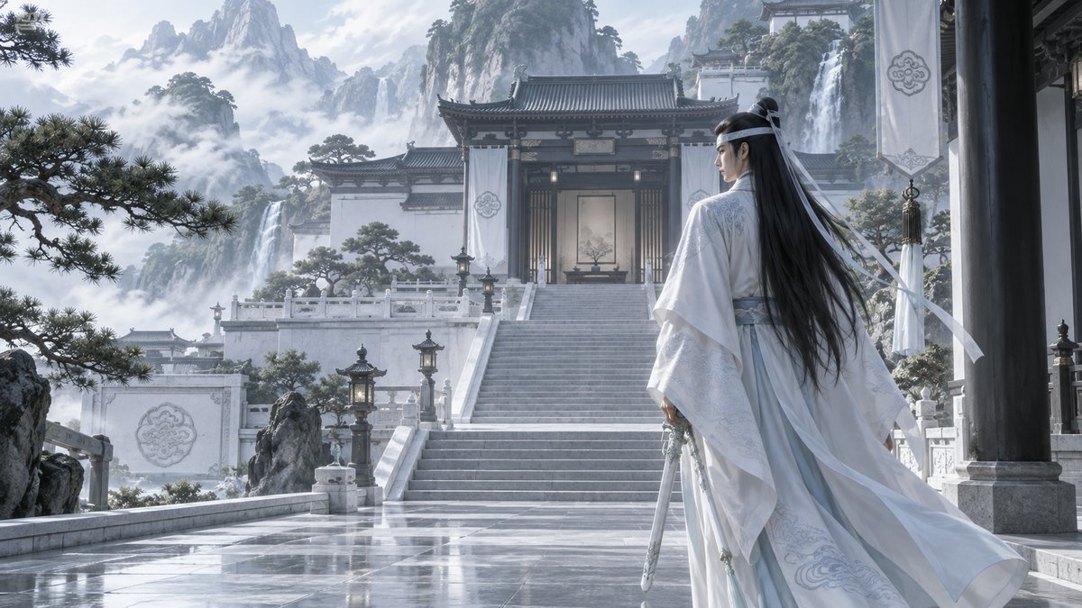 03-cloud-recesses-discipline Lan Wangji, wearing white and pale-blue robes and his clearly visible white forehead ribbon, walks alone through the ordered pale-stone terraces, pines, waterfalls, and mist of Cloud Recesses.