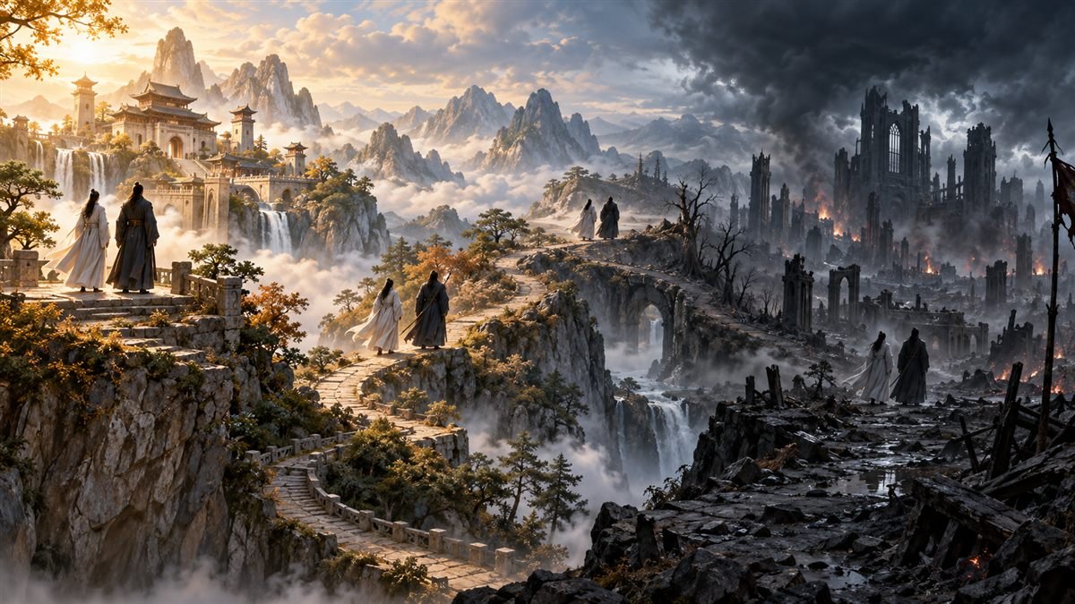 A winding mountain path carries two robed figures from a bright academy toward a ruined city.