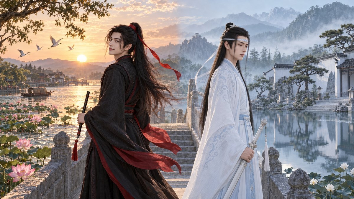 Wei Wuxian, wearing black robes and a red hair ribbon, stands beside Lan Wangji in white robes and a cloud-pattern forehead ribbon, visually contrasting the meanings and identities carried by their names.