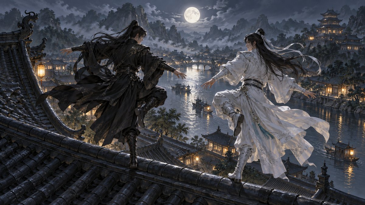 Two fictional male cultivators in black and white mirror each other's balanced movement on moonlit rooftops above a river town.
