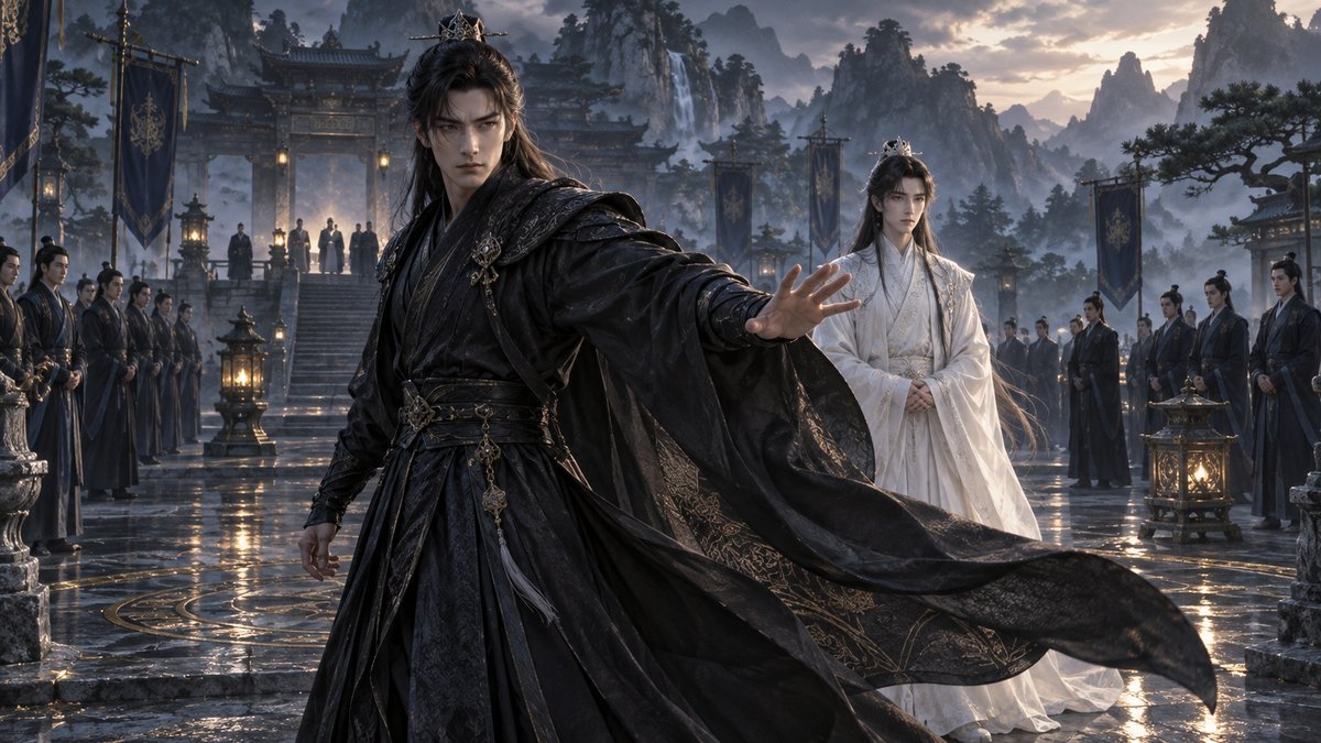 A black-robed man steps protectively forward as a white-robed man waits within an ordered courtyard formation.