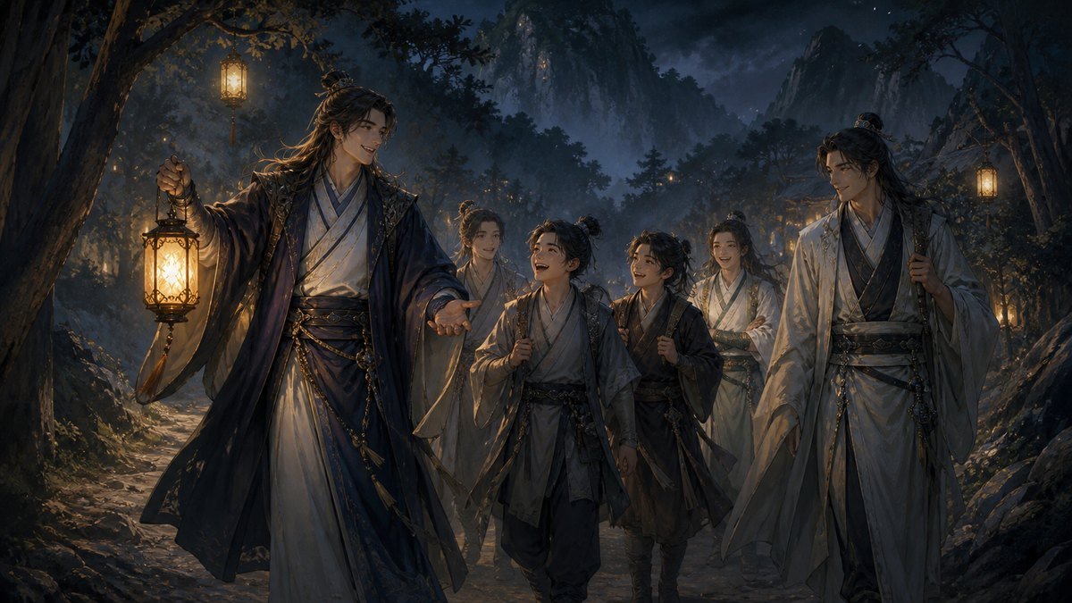 Two mentors and young disciples laugh together while traveling along a lantern-lit mountain path.