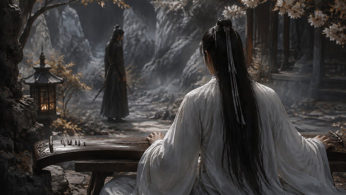 Lan Wangji sits at a guqin while Wei Wuxian stands beyond, linking music with character memory.