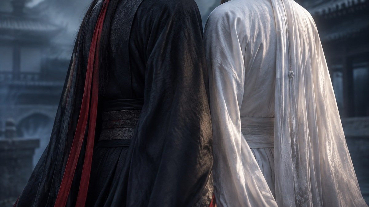 Soft light reveals the texture of Wei Wuxian's dark robe and Lan Wangji's ivory robe in a close editorial study.