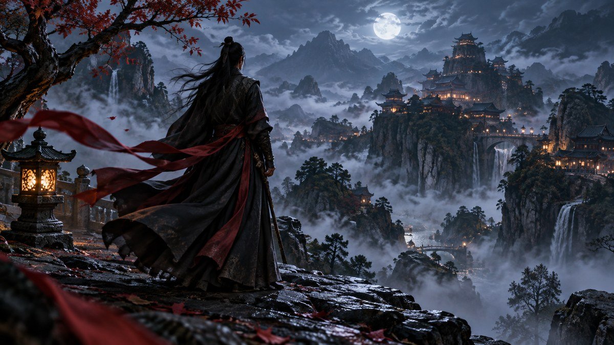 Wei Wuxian’s red ribbon crosses a cool blue night, keeping warmth and vitality visible in darkness.