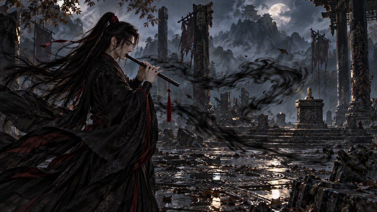 Wei Wuxian plays a black flute as controlled dark energy spirals through a moonlit ruined courtyard.