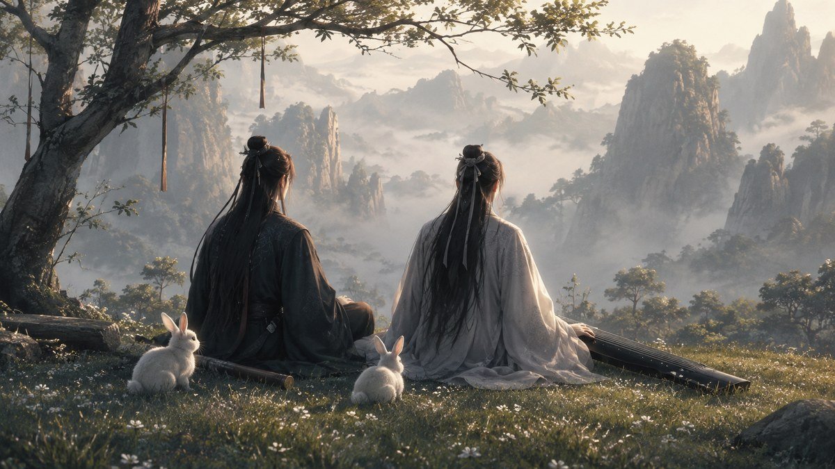 Two cultivators rest with white rabbits, a flute, and guqin above a calm, mist-covered valley.