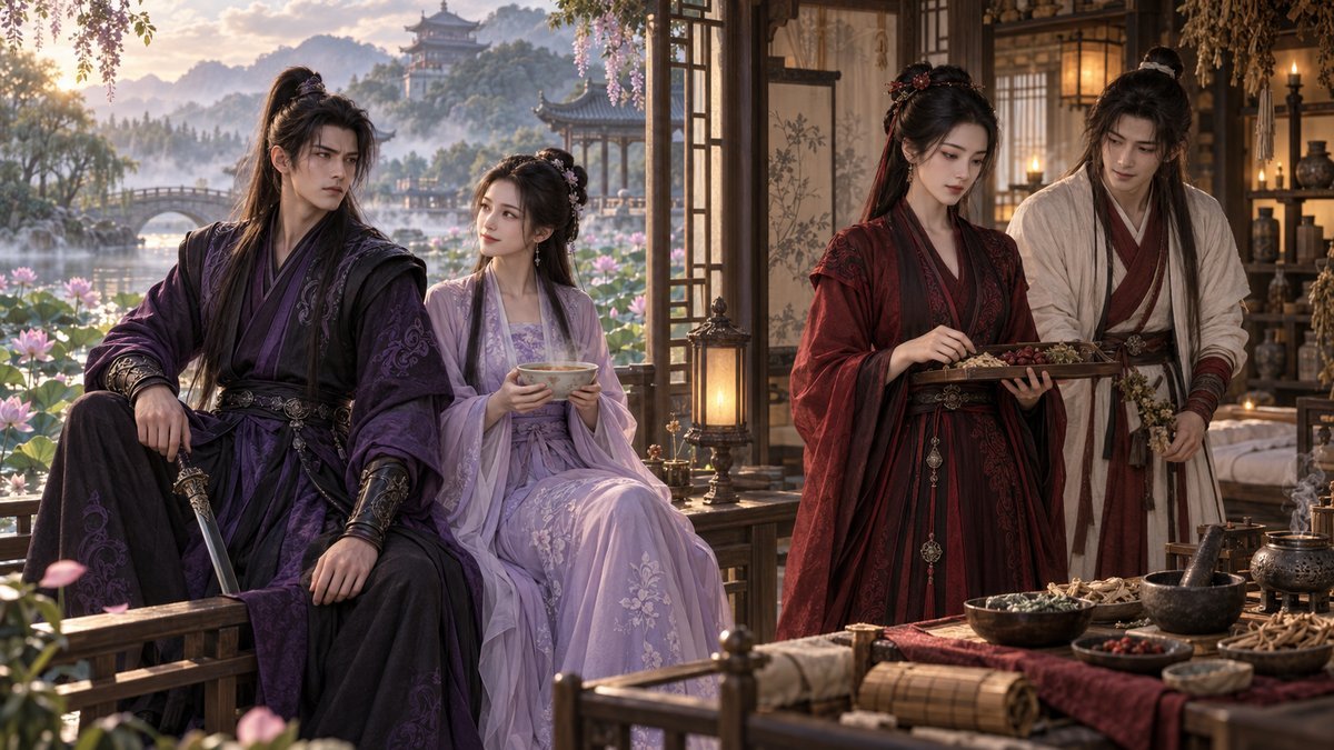 Jiang Cheng and Jiang Yanli sit beside a lotus lake in purple robes while Wen Qing and Wen Ning prepare medicinal herbs in a warm clinic, reflecting water, clarity, warmth, and separation in their names.