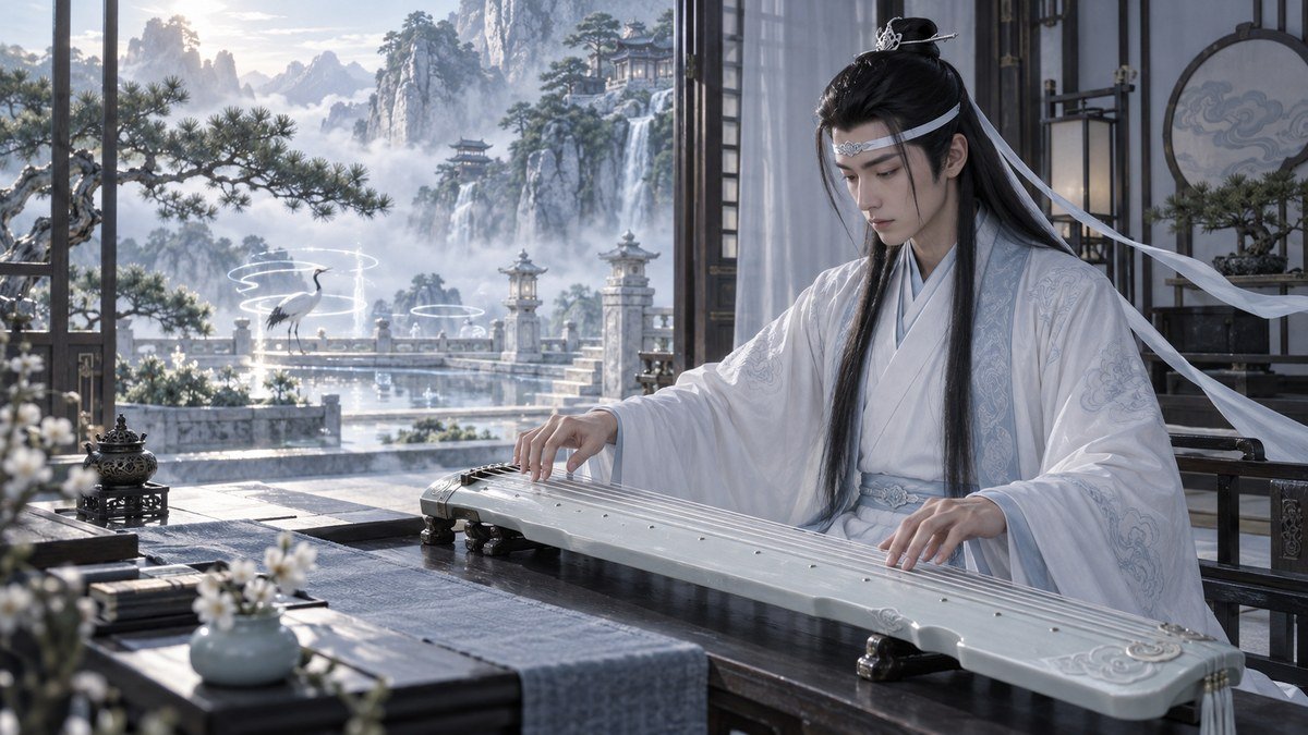 04-lan-wangji-guqin Lan Wangji plays a pale seven-string guqin in Cloud Recesses, wearing white and pale-blue robes and his clearly visible white forehead ribbon while luminous rings suggest a spirit answering Inquiry.