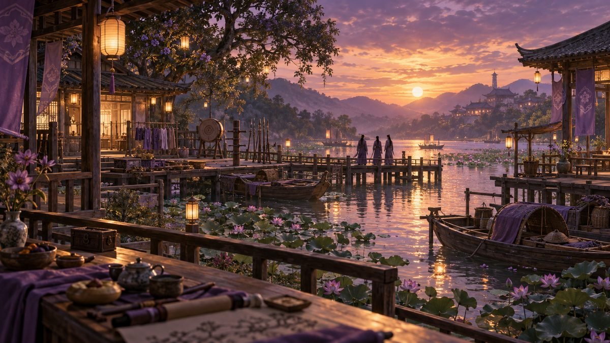 04-lotus-pier-family-memory A warm dusk view of Lotus Pier shows wooden pavilions, purple banners, small boats, lotus-covered water, glowing lanterns, and three distant figures standing together on a pier.