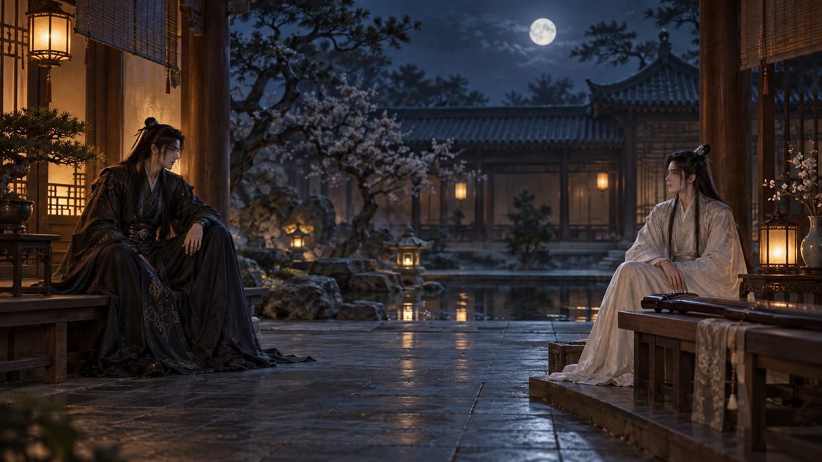 Two robed men exchange a restrained glance across a moonlit courtyard beside an ancient zither.