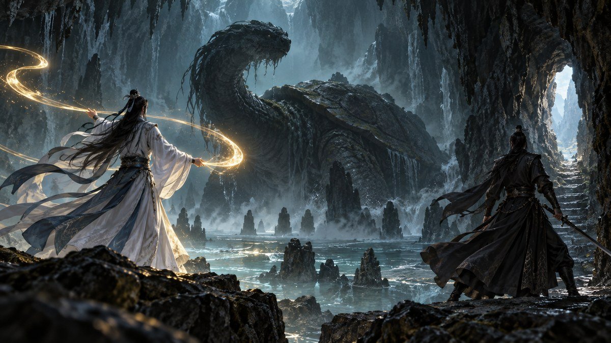 Two fictional male cultivators coordinate from a safe distance inside a vast cavern as a giant tortoise-serpent silhouette rises through mist.