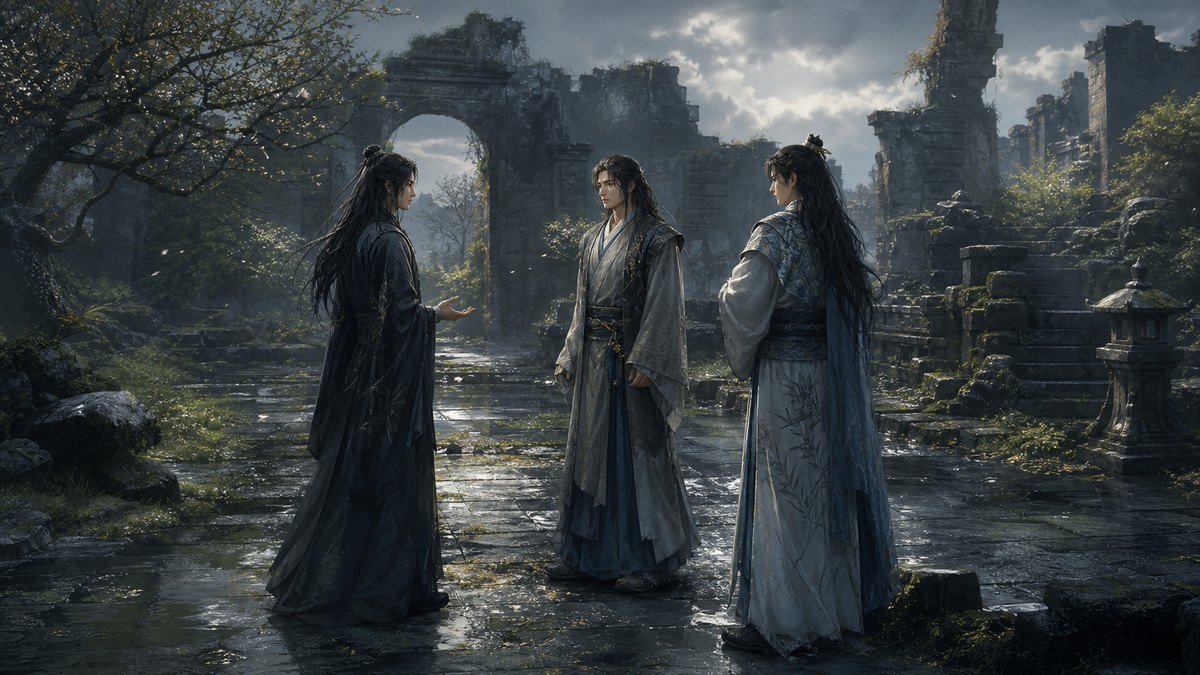 Three cultivators face one another in a rain-washed ruined courtyard as difficult truth begins to clear the past.