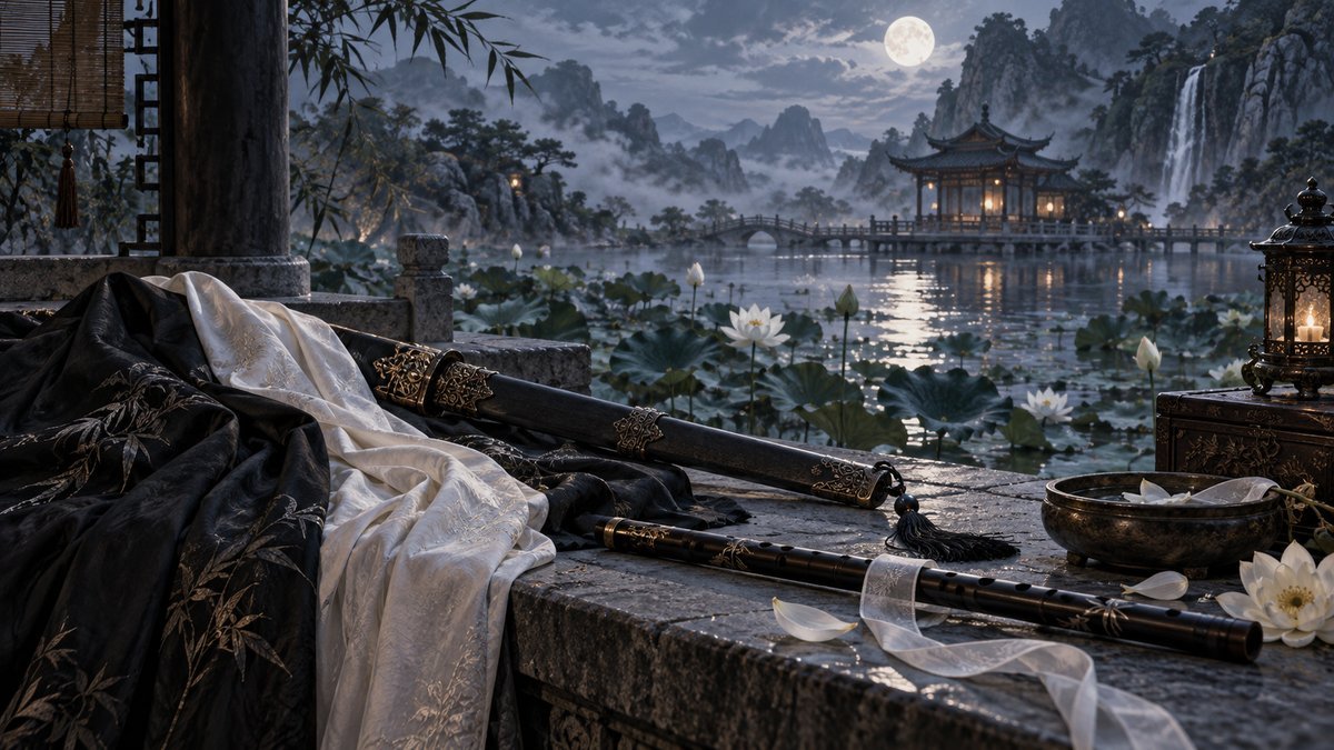 Black and white robes, a sheathed sword, flute, and pale ribbon rest beside a moonlit lotus pond.