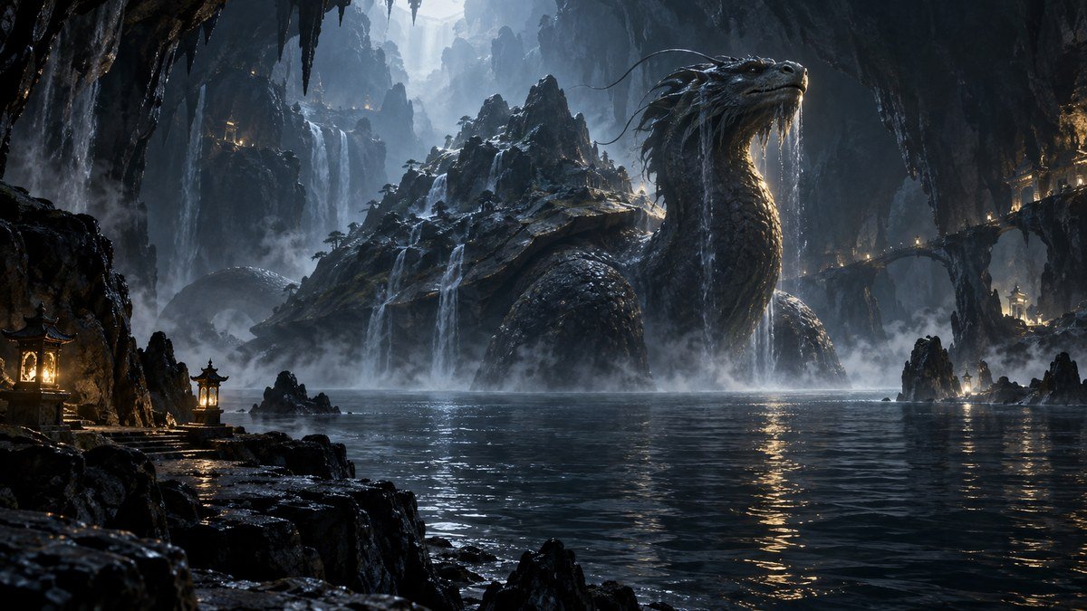 A giant tortoise-serpent creature rises from dark cavern water beneath waterfalls and distant lanterns.