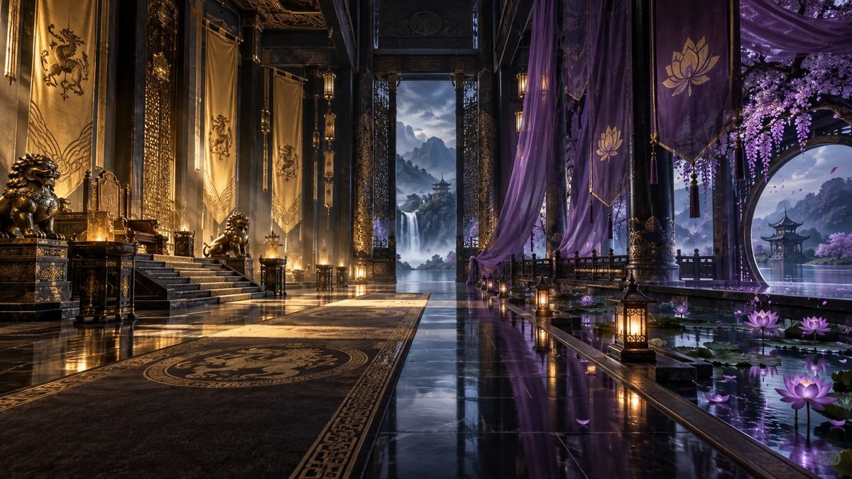 A gold ceremonial hall faces a purple lotus pavilion, contrasting public power with remembered home.