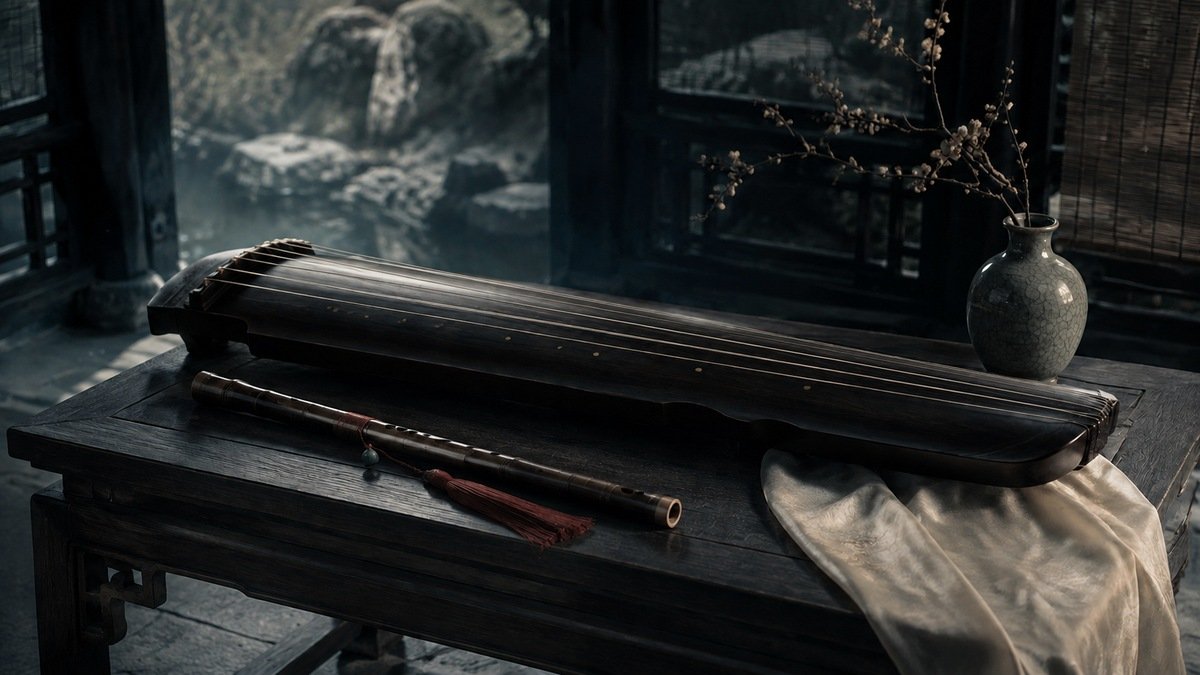 A guqin and dark flute rest on a wooden table with pale fabric, echoing recognizable objects from The Untamed.