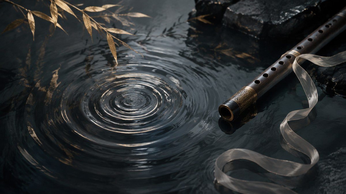 Ripples circle beside a dark flute and pale ribbon, showing how repeated melodies gather memories.