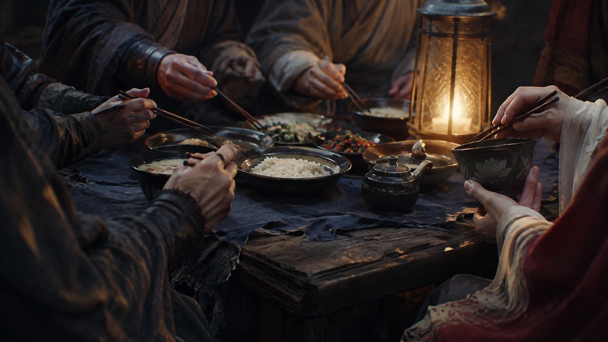 Several companions share a humble lantern-lit meal, expressing home and found family through daily care.