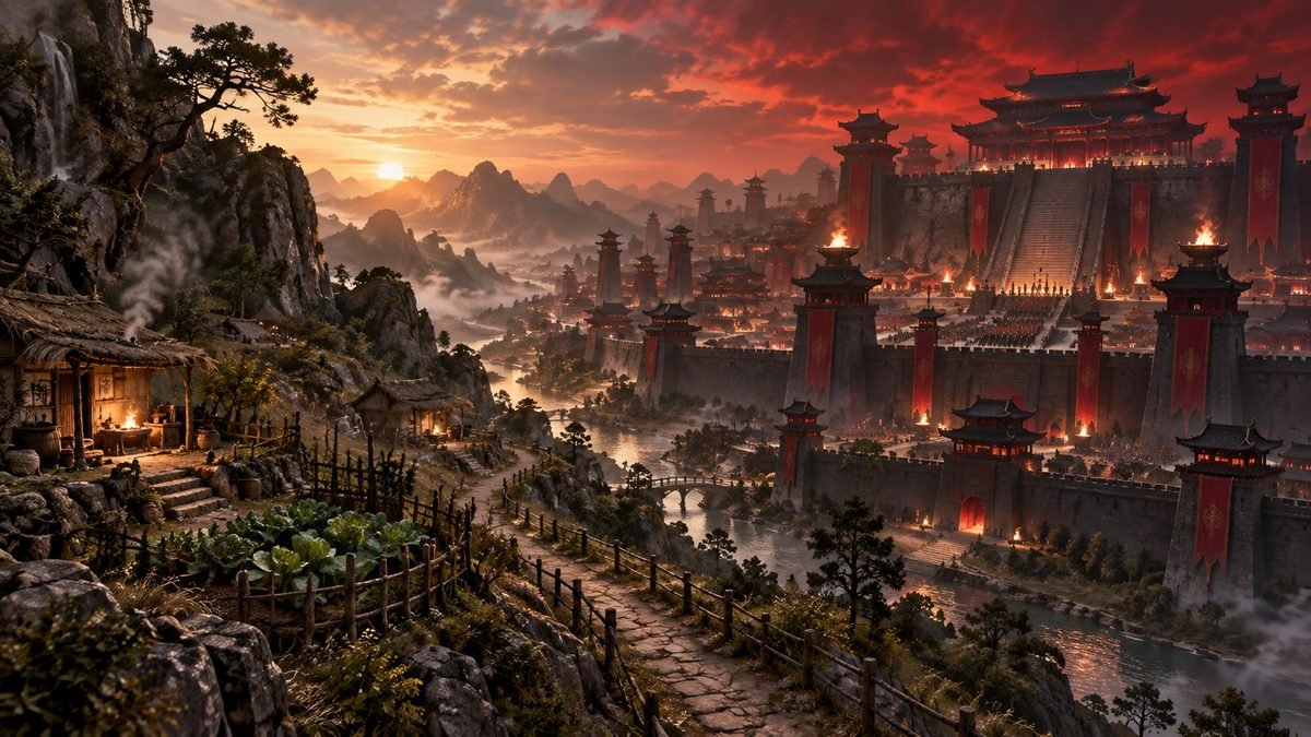 05-burial-mounds-nightless-city A humble cliffside refuge with shelters, cooking fire, and a vegetable plot faces a vast red-black fortified city of towers, braziers, monumental stairs, and ceremonial spectacle.