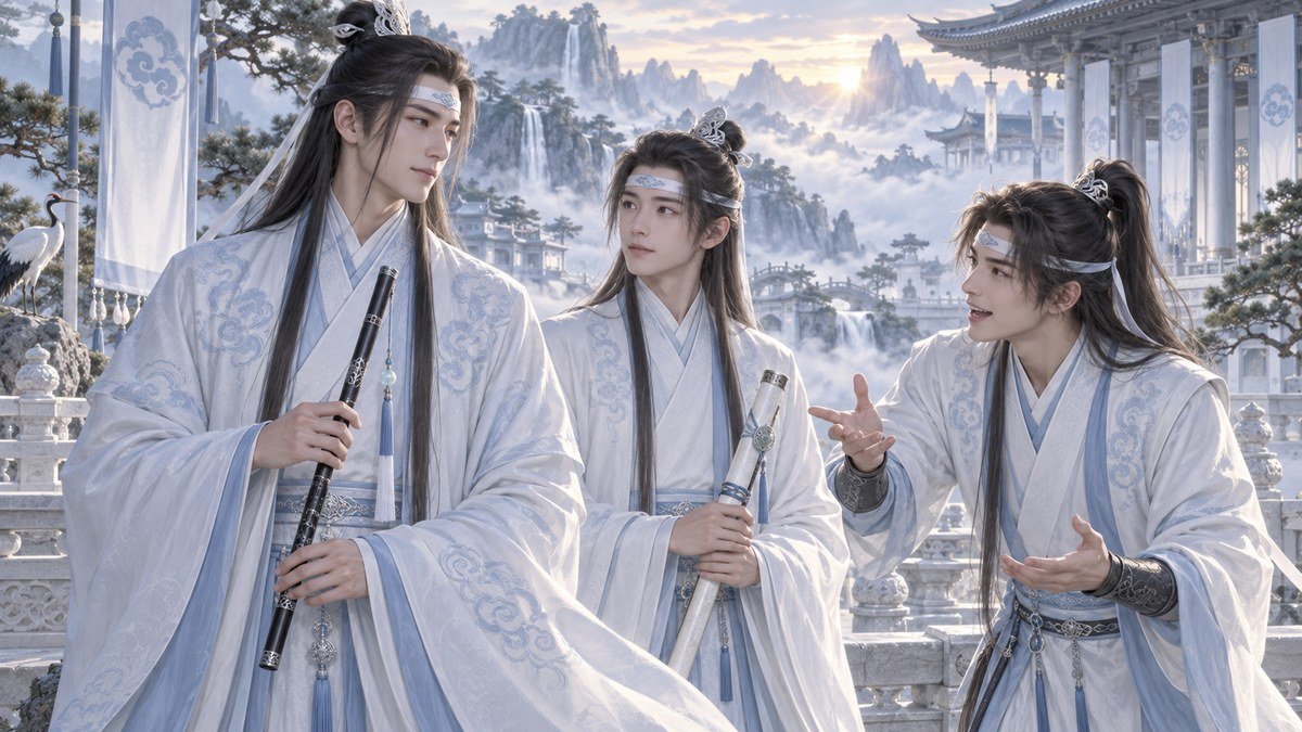 Lan Xichen, Lan Sizhui, and Lan Jingyi stand at misty white mountain terraces in pale-blue robes with visible white forehead ribbons, representing light, memory, and proper bearing.