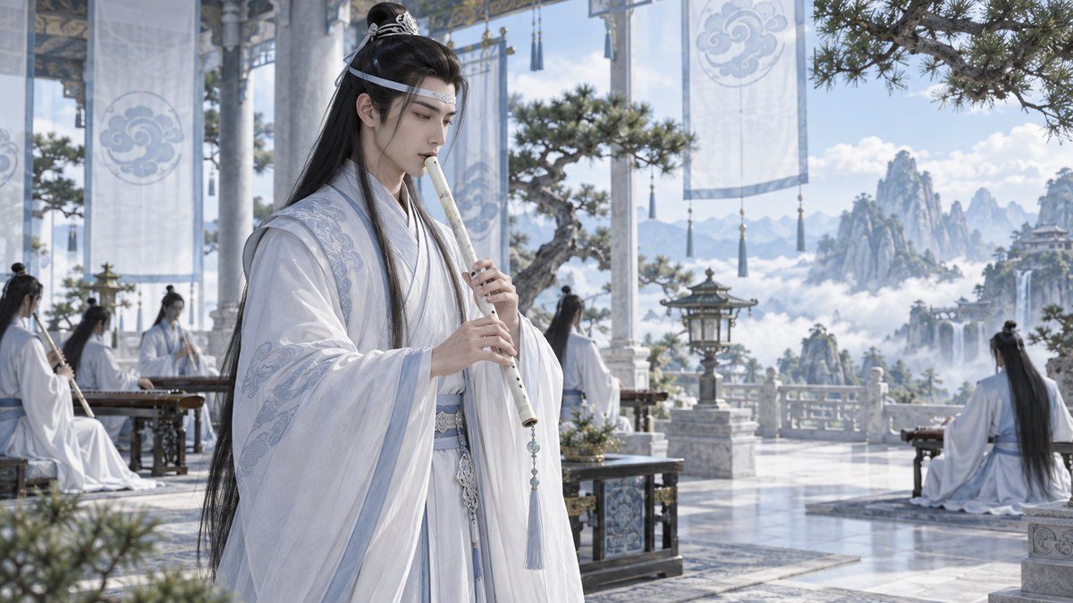 05-liebing-and-lan-tradition Lan Xichen, dressed in pale Lan robes with a white forehead ribbon, plays the vertical xiao Liebing before distant disciples performing on guqin and other xiao in a mountain pavilion.