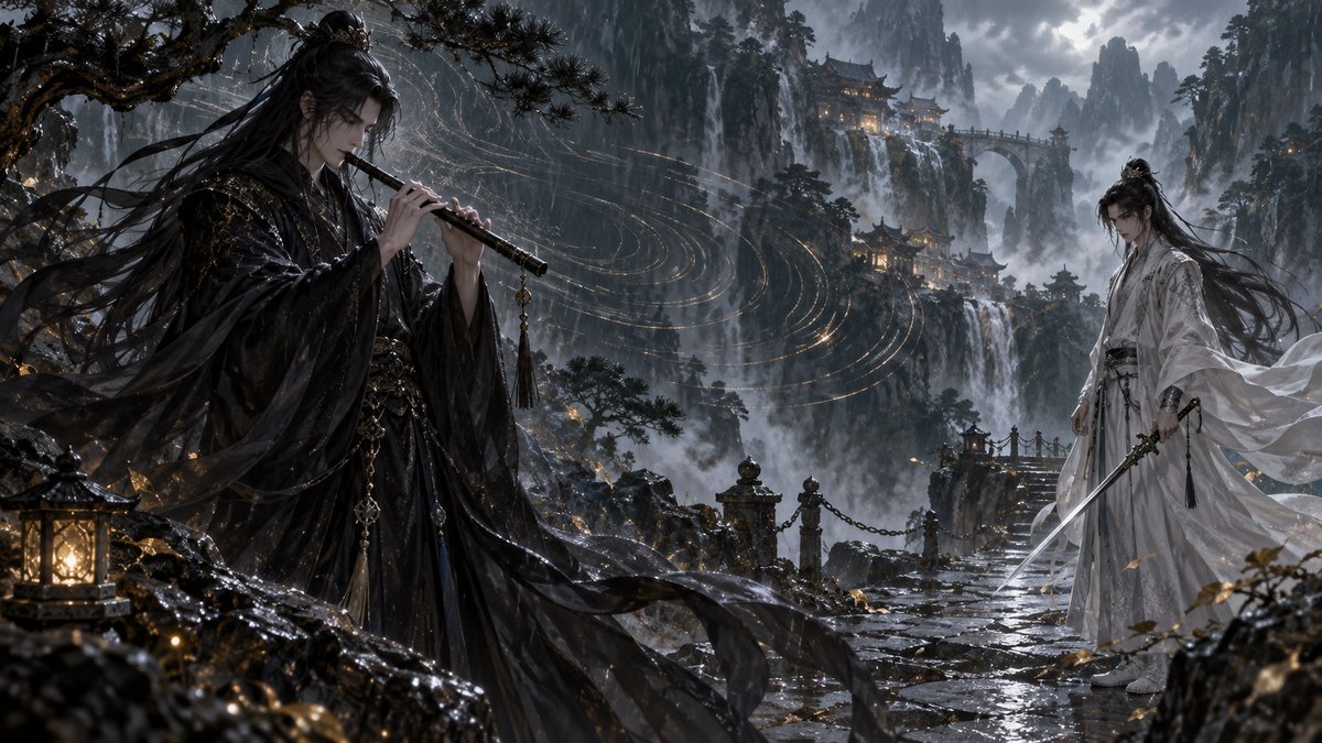 A fictional cultivator in black plays a bamboo flute while a white-robed swordsman stands across a rain-soaked mountain path, expressing tense moral distance.