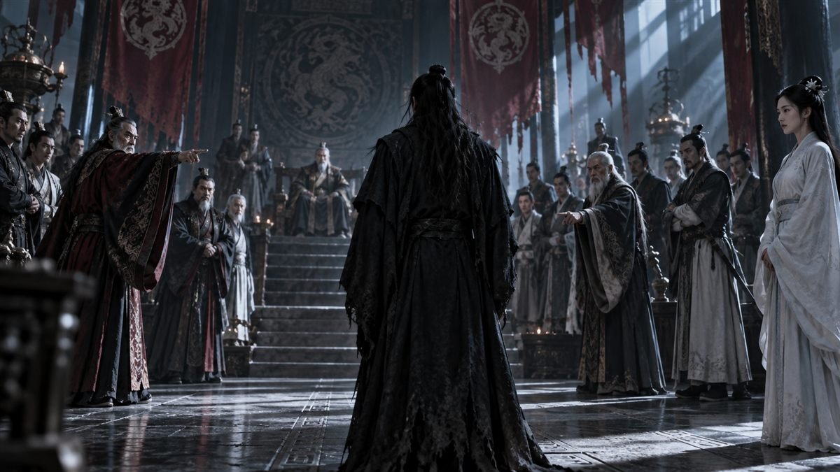 A dark-robed figure faces accusing clan leaders inside a tense ceremonial hall.