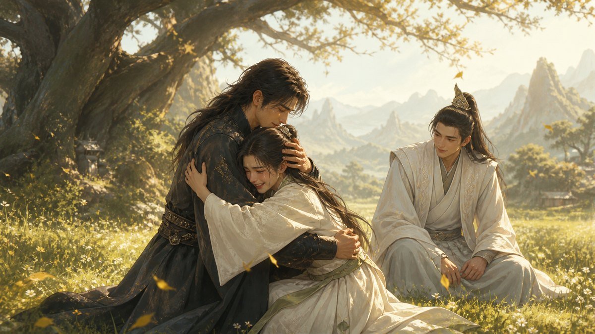 A traveler embraces a young disciple in a sunlit meadow while a trusted companion watches their reunion.