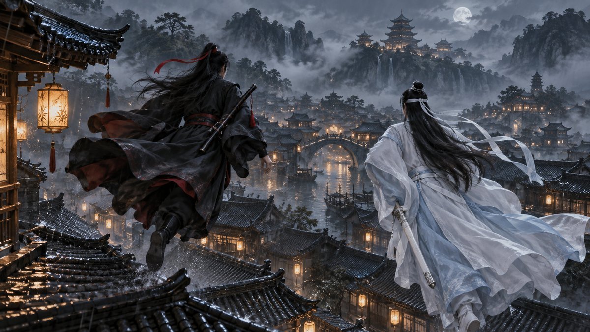 Wei Wuxian and Lan Wangji glide above rain-wet rooftops as robes, hair, mist, and lantern light show movement.