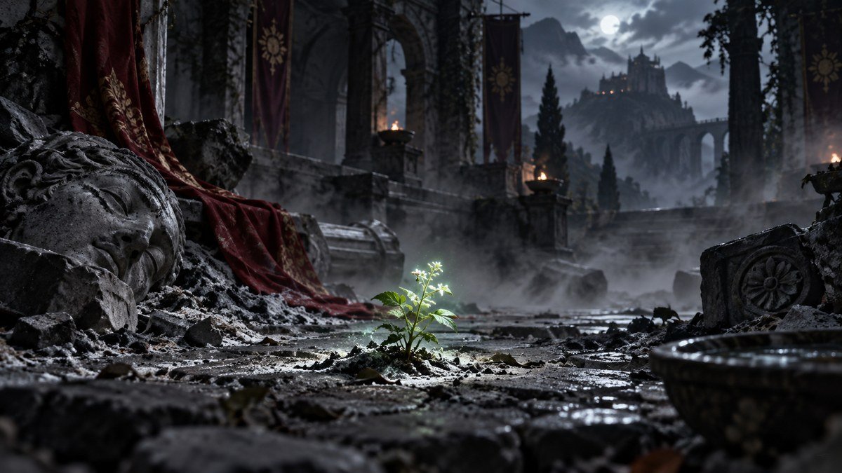 A green plant grows through a gray ruined courtyard, suggesting survival within grief and uncertainty.