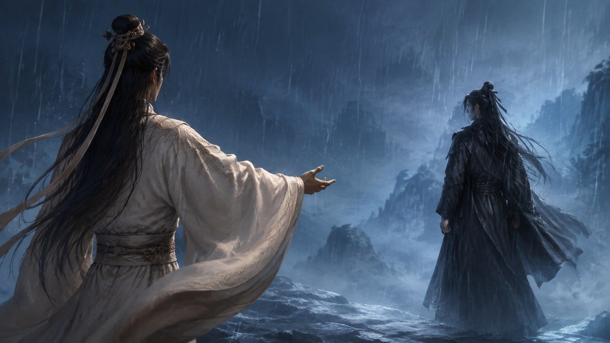 Lan Wangji reaches toward Wei Wuxian through rain, showing trust offered without judgment or demand.