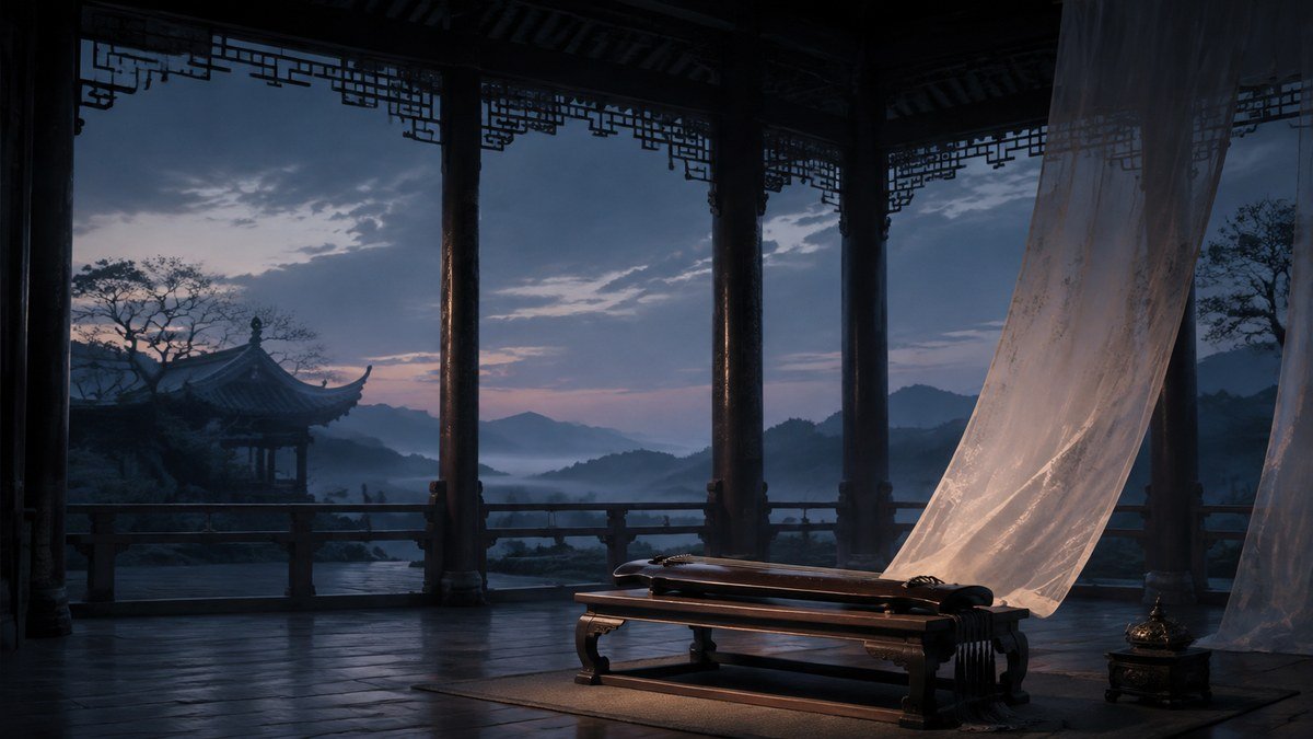 An untouched guqin rests in an empty pavilion at blue hour, giving silence space around the music.