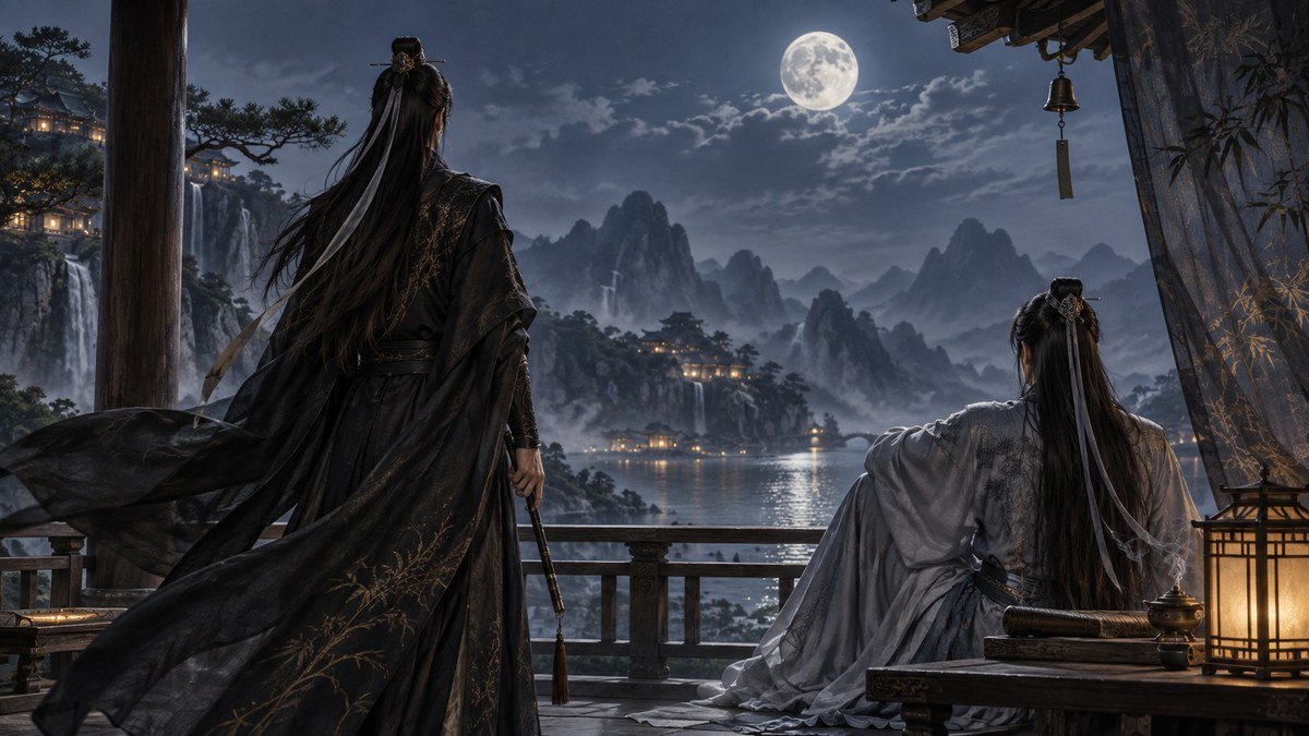 Black and white robes, a sheathed sword, flute, and pale ribbon rest beside a moonlit lotus pond.