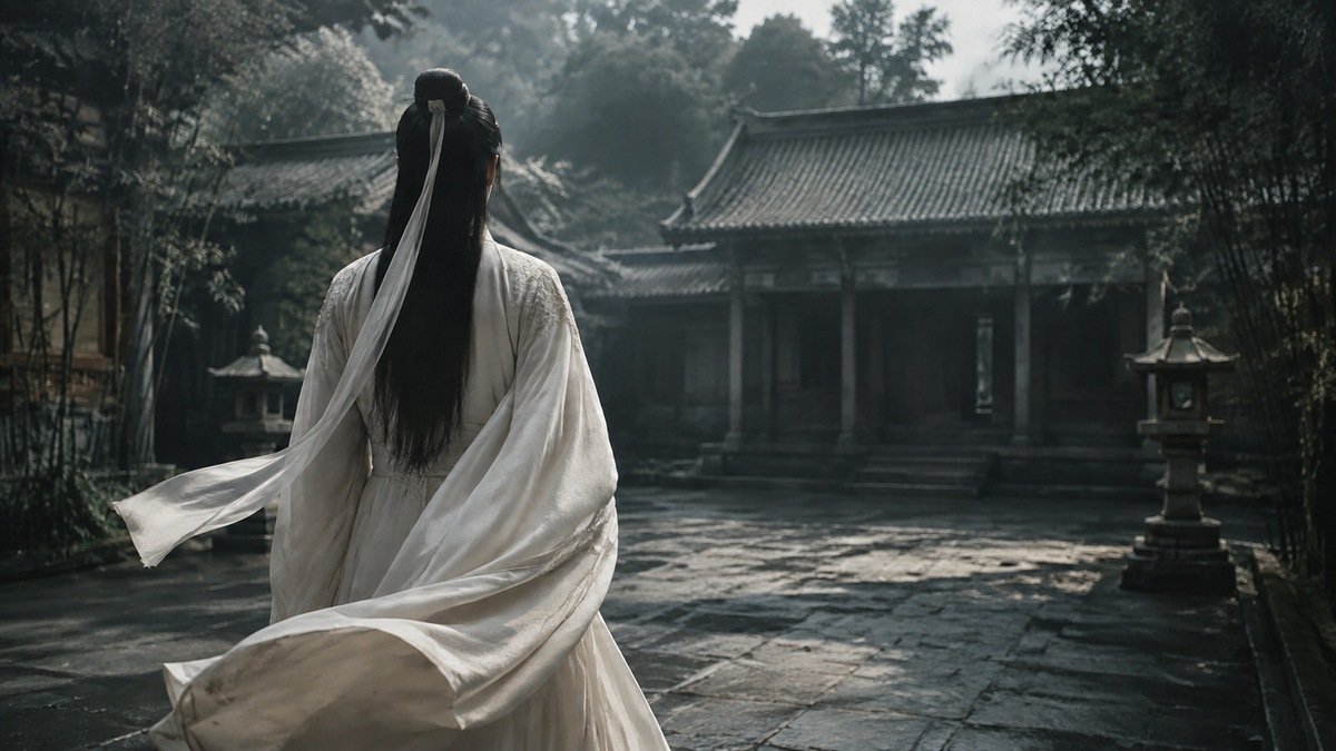 Lan Wangji stands still in a quiet courtyard while his pale ribbon and robe move gently in an editorial illustration.